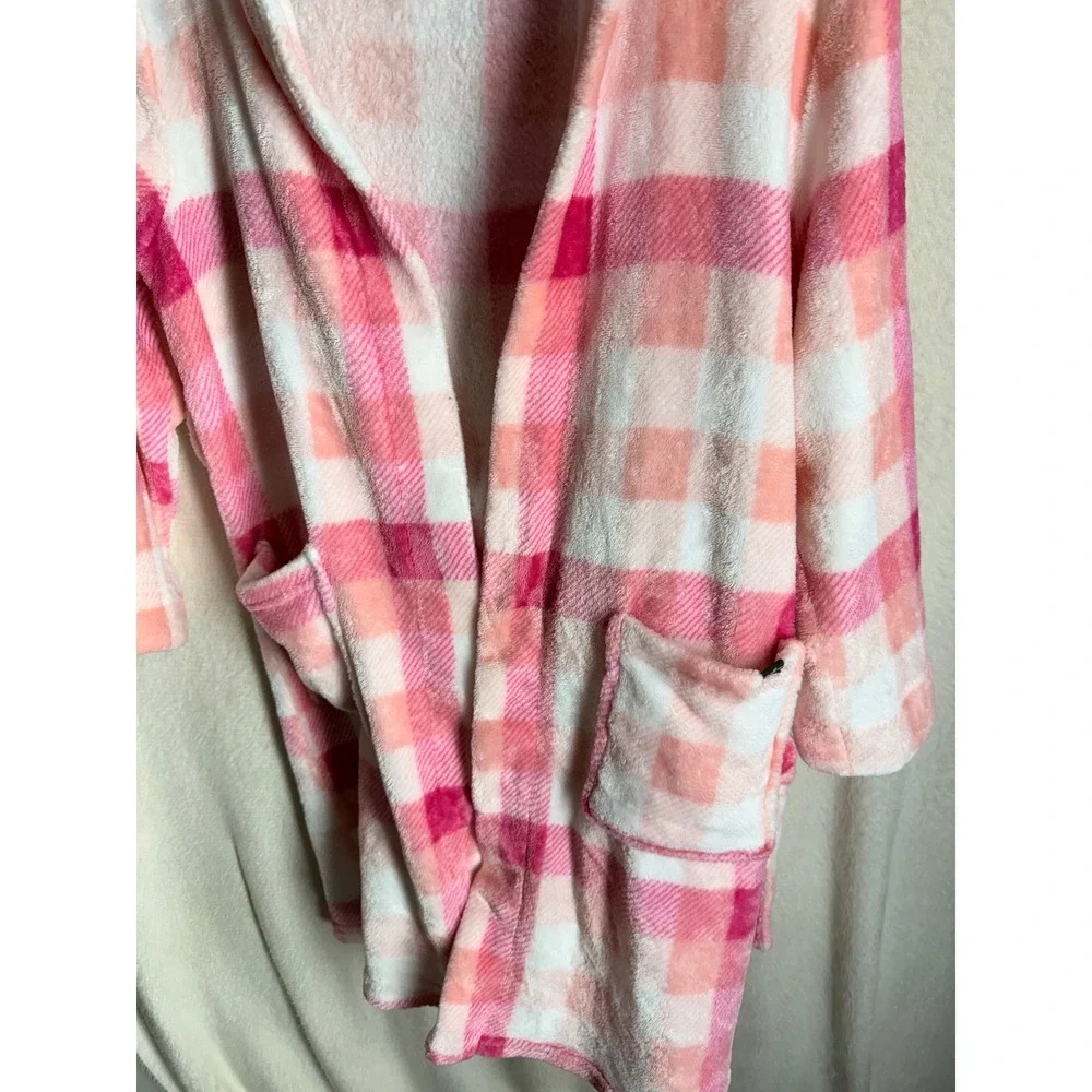 Eddie Bauer Kids Pink Plaid Plush Hooded Robe Size M 10/12 Fleece Bathrobe